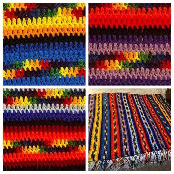 VTG Handmade Crochet Rainbow Striped Blanket Vibrant Multicolor 70x100in - Picture 2 of 16